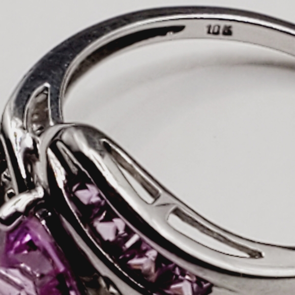 10k Solid White Gold Trillion Pink Sapphire & Diamond Accent Ring - Picture 3 of 4